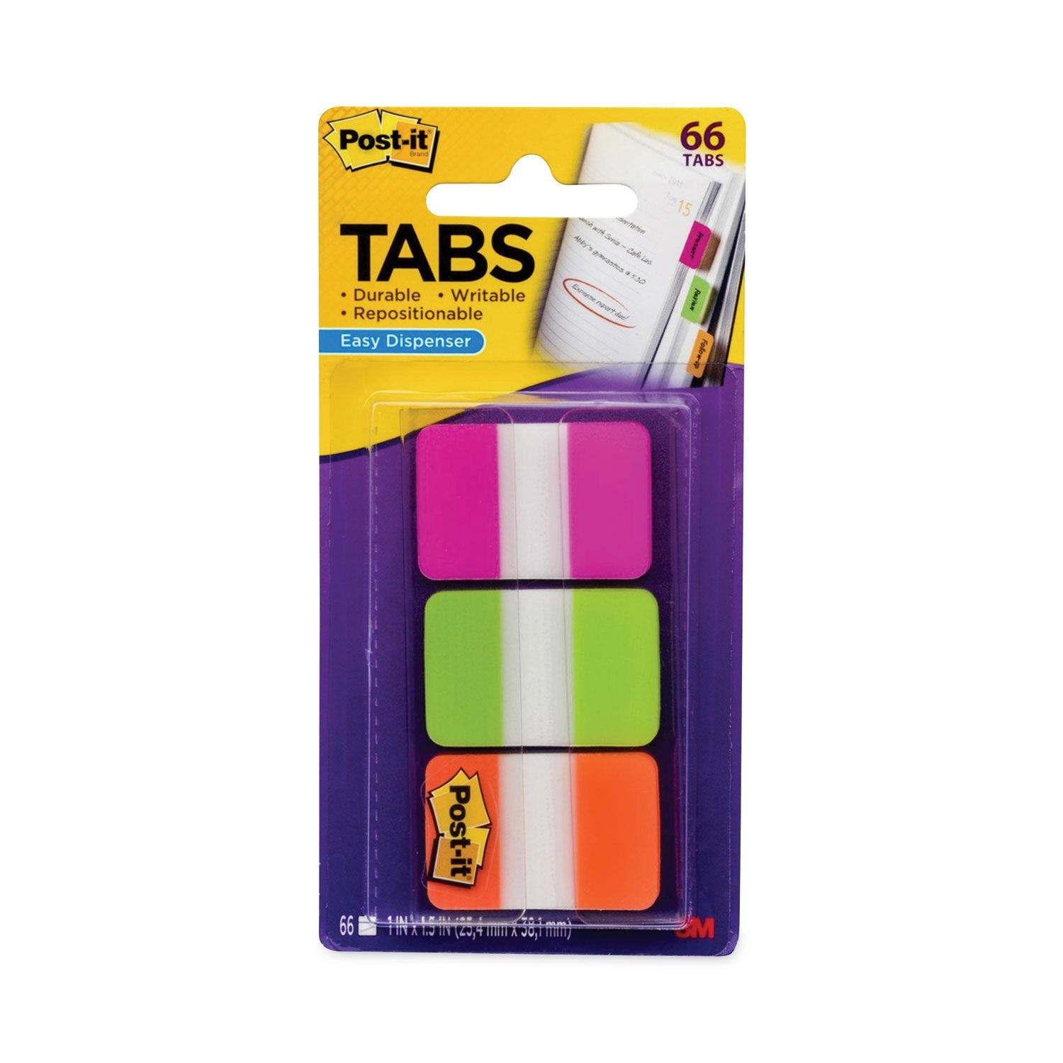 Post-it 1" Plain Solid Color Tabs, 1/5-Cut, Assorted Bright Colors, 1" Wide, 66/Pack