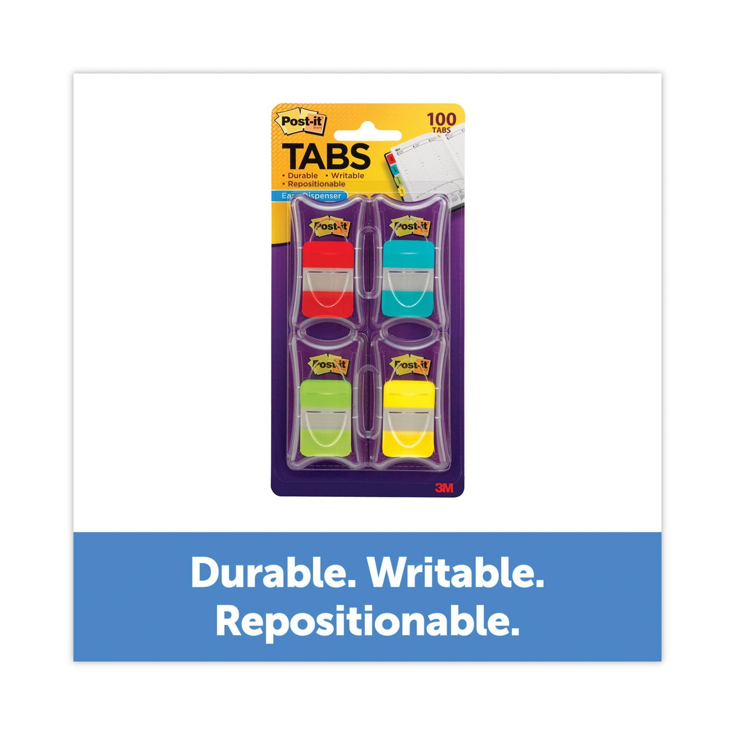Post-it 1" Plain Solid Color Tabs, 1/5-Cut, Assorted Colors, 1" Wide, 100/Pack
