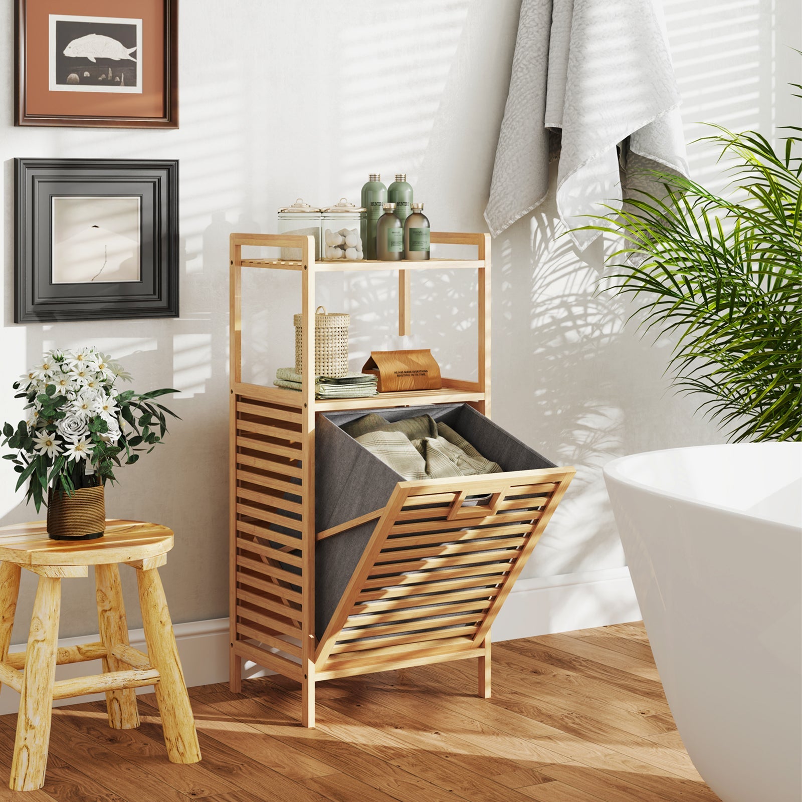 Bamboo Tilt out Laundry Hamper with Foldable and Removable Basket-Natural