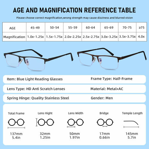 Anourney 3 Pack Mens Reading Glasses Metal Half Frame Blue Light +2.75